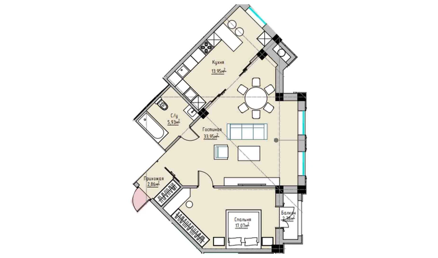 2-комнатная квартира 77.14 м²  4/4 этаж