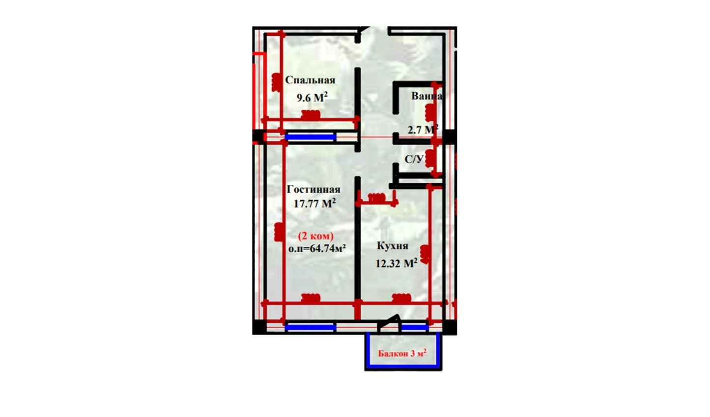 2-xonali xonadon 64.74 m²  2-9/2-9 qavat