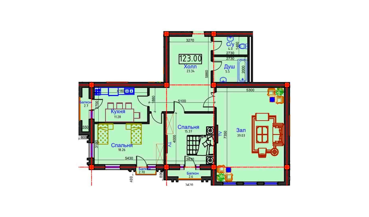 3-xonali xonadon 123 m²  2/2 qavat