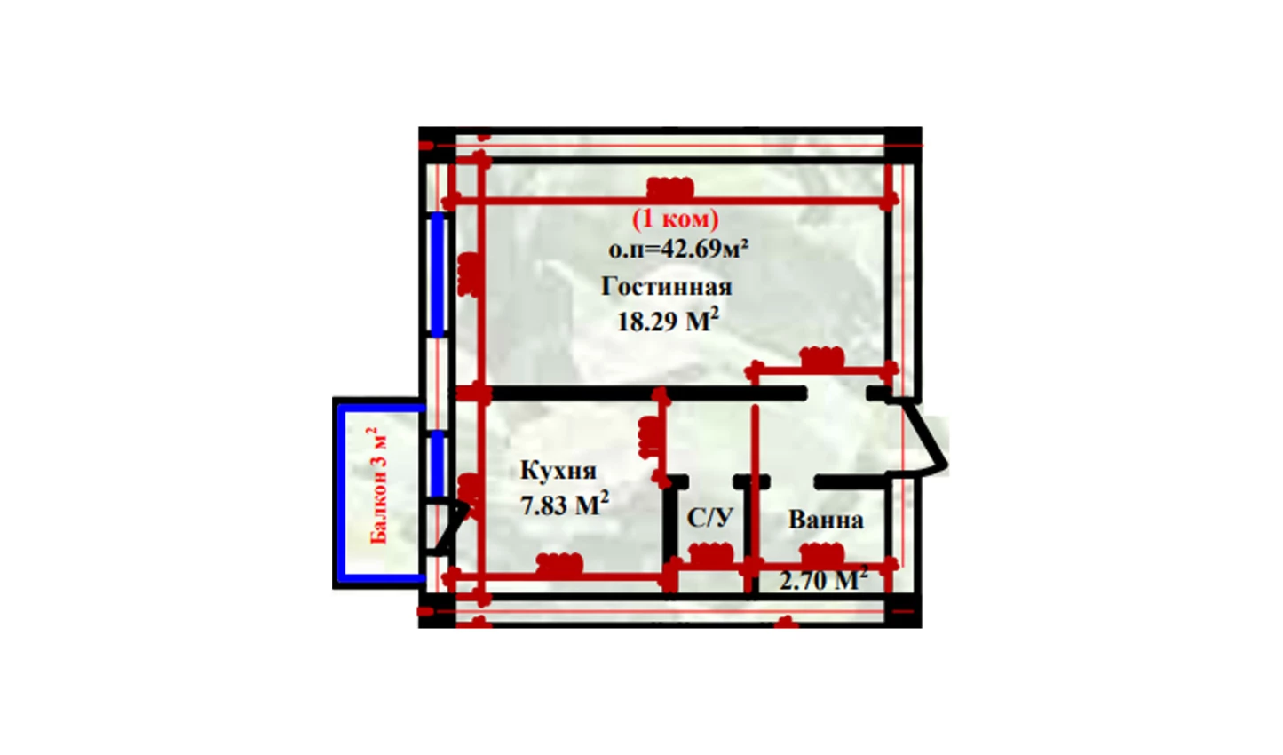 1-xonali xonadon 42.69 m²  1/1 qavat