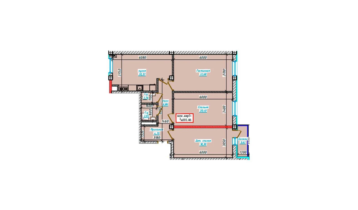 3-xonali xonadon 101.46 m²  6/6 qavat