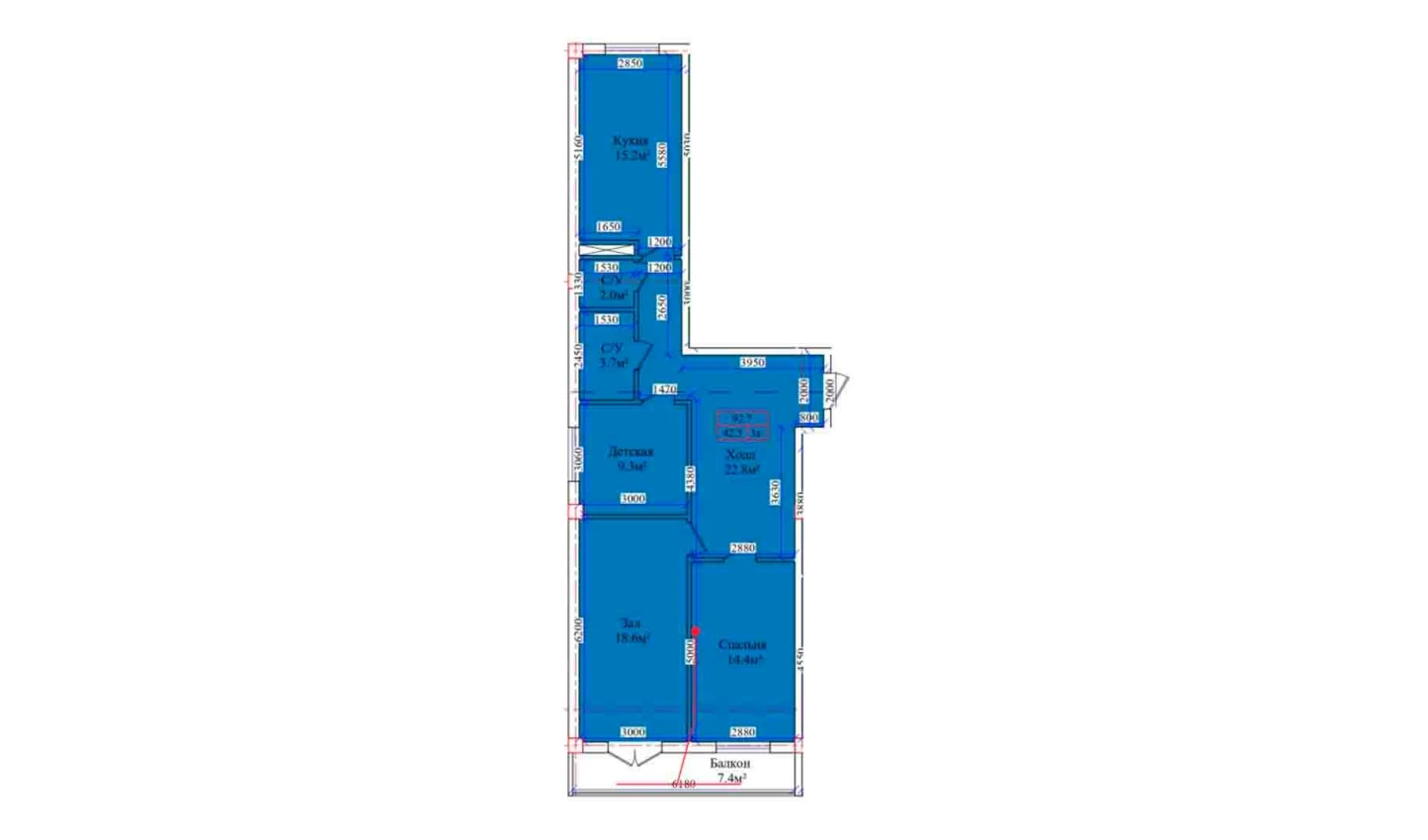 3-xonali xonadon 92.7 m²  4/4 qavat