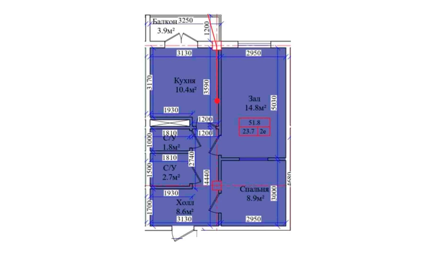 2-комнатная квартира 51.8 м²  8/8 этаж