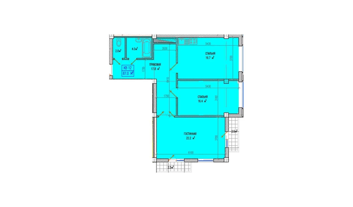 3-комнатная квартира 87 м²  3/3 этаж