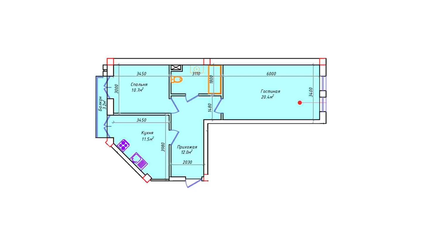 2-xonali xonadon 65.1 m²  4/4 qavat