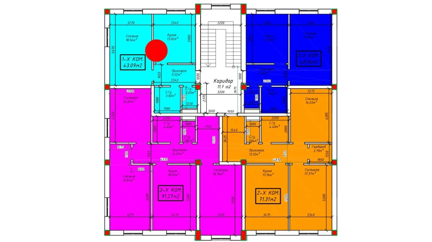 1-xonali xonadon 43.36 m²  3/3 qavat