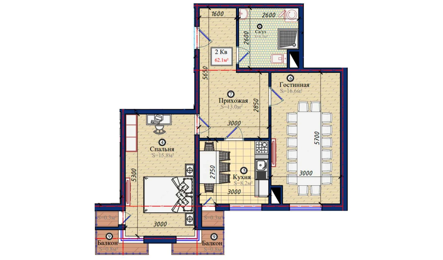 2-xonali xonadon 62.1 m²  3/3 qavat