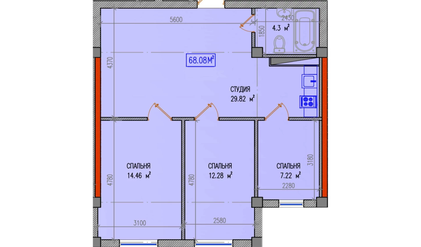 3-комнатная квартира 68.08 м²  3/3 этаж