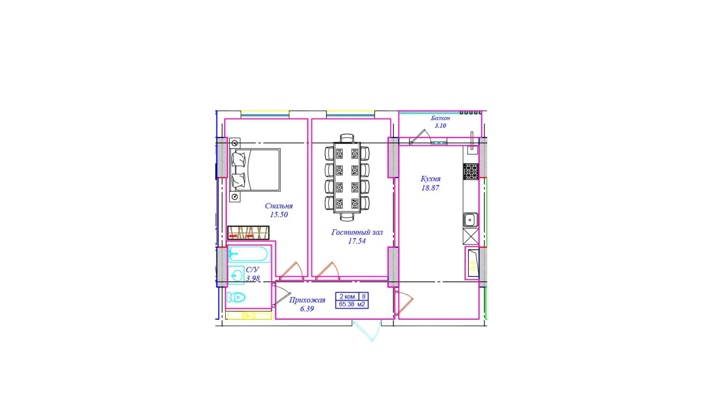 2-xonali xonadon 65.38 m²  6/6 qavat