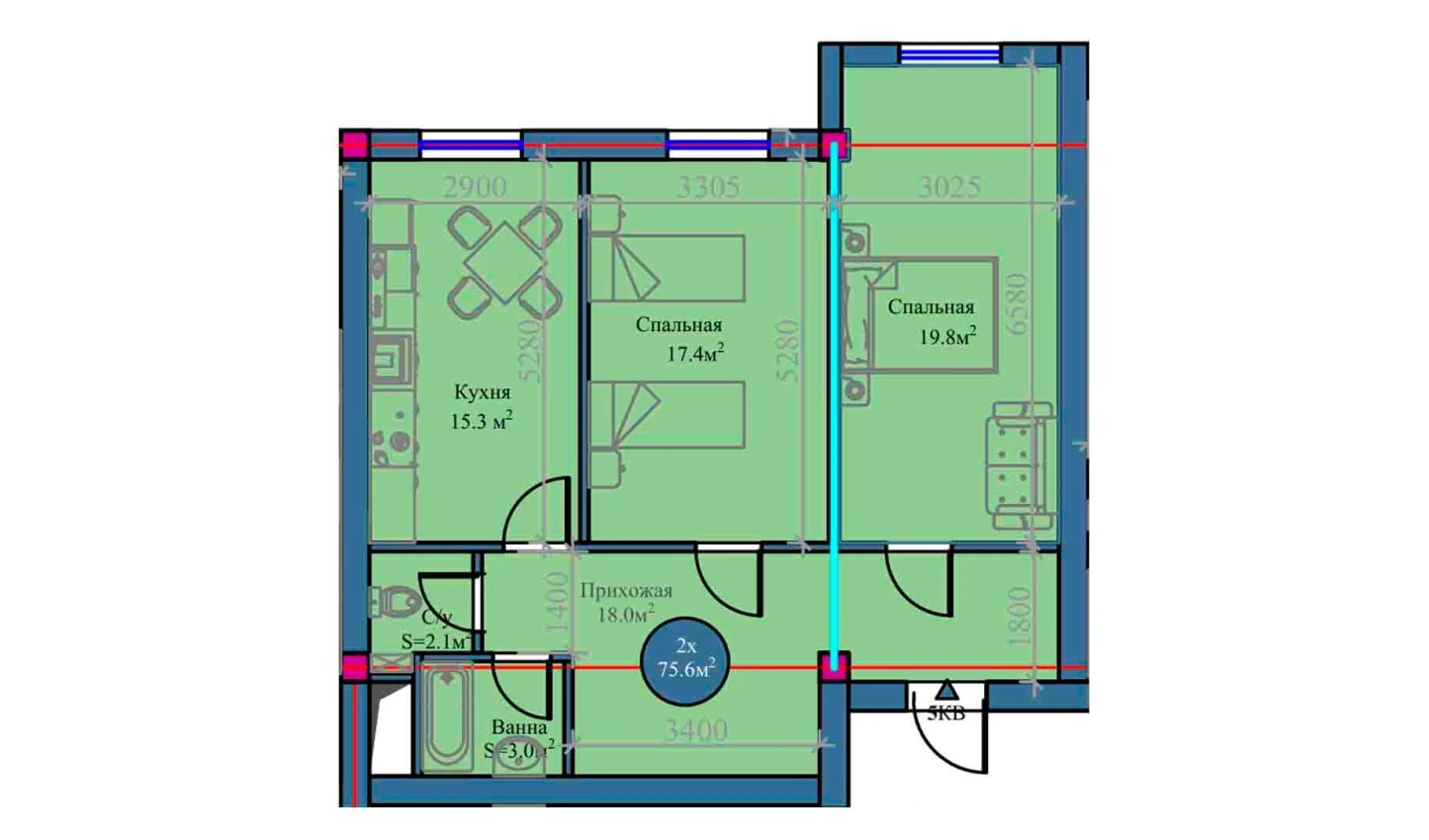 2-xonali xonadon 75.6 m²  9/9 qavat