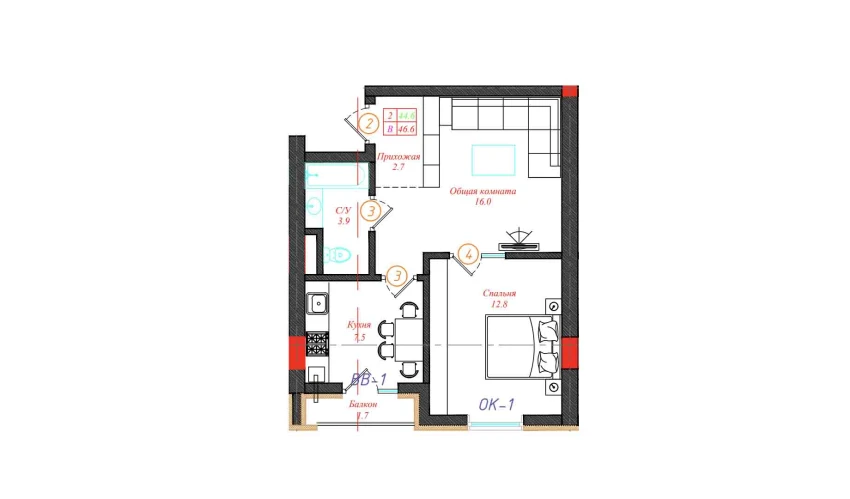 2-xonali xonadon 46.6 m²  11/12 qavat | CHINARA PARK Turar-joy majmuasi