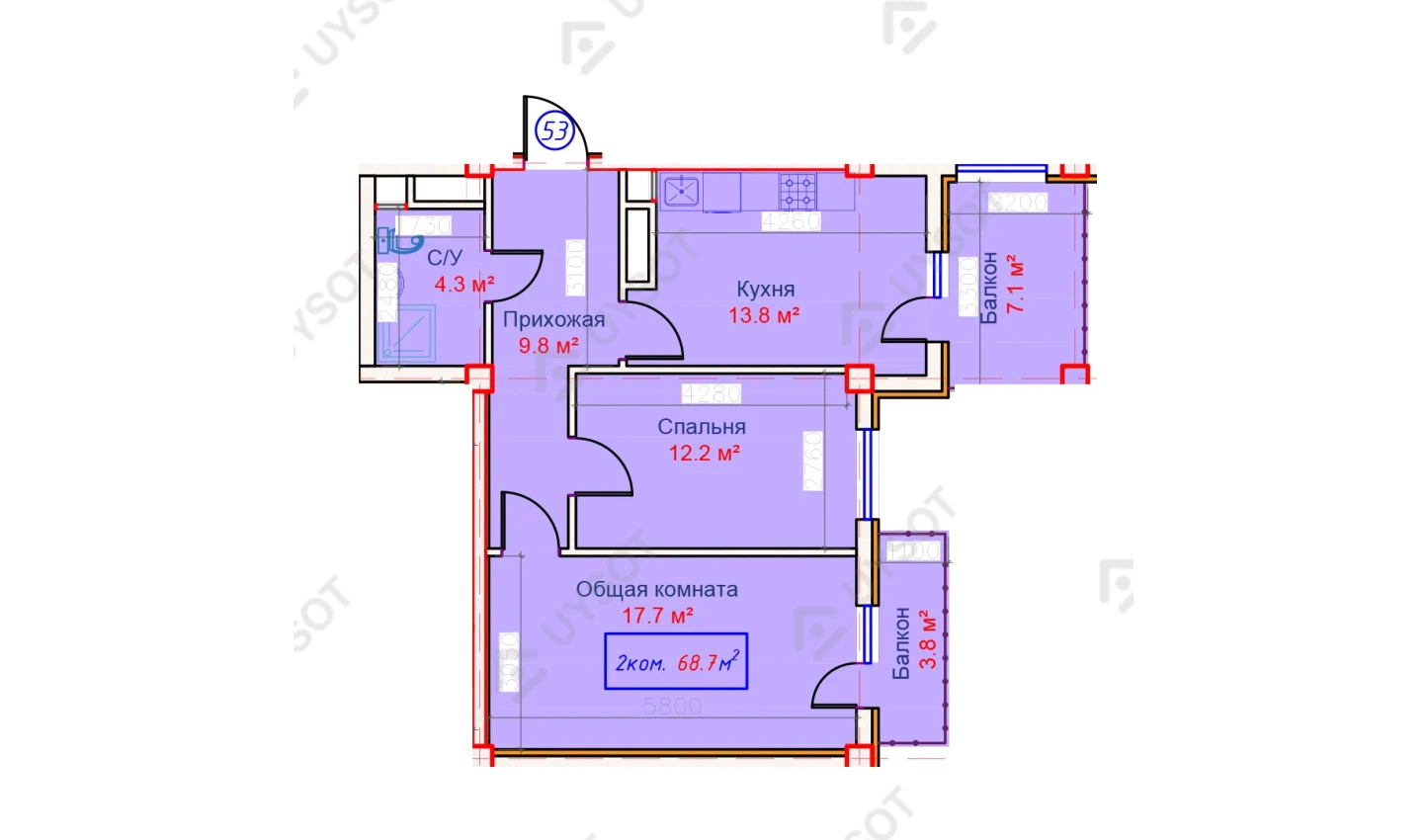 2-комнатная квартира 68.7 м²  2/2 этаж