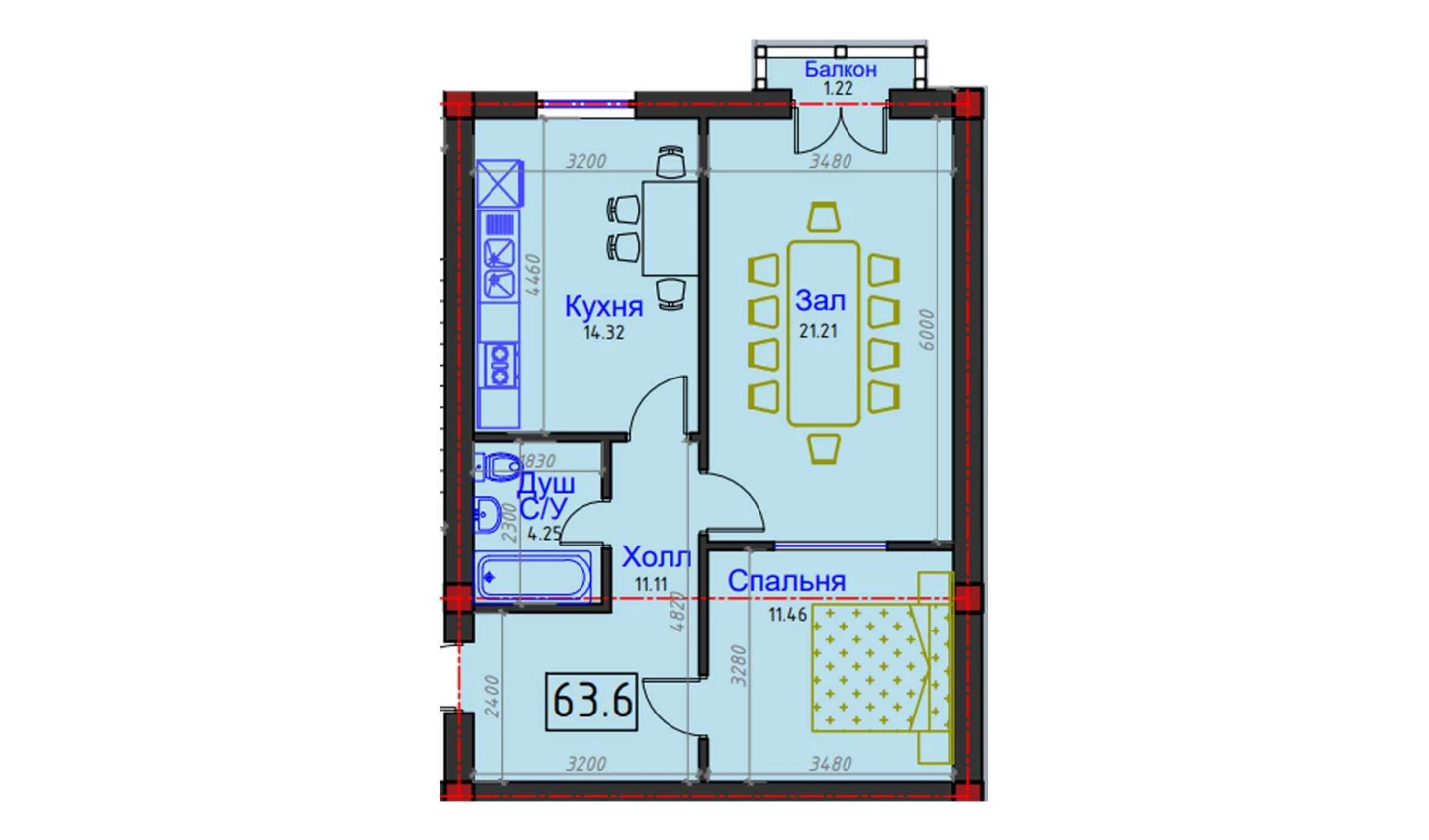 2-комнатная квартира 63.6 м²  2/2 этаж