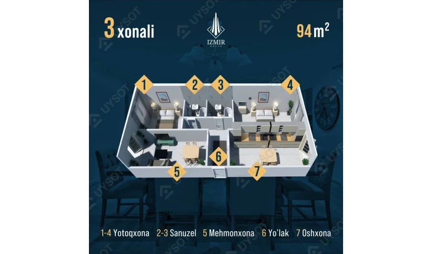 3-xonali xonadon 93 m²  2/12 qavat | Izmir Turar-joy majmuasi