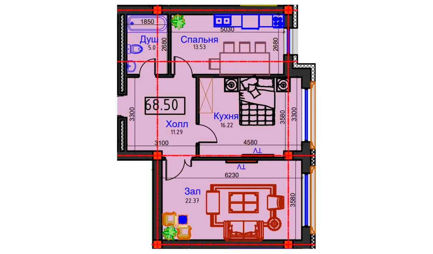 2-комнатная квартира 68.5 м²  2/2 этаж