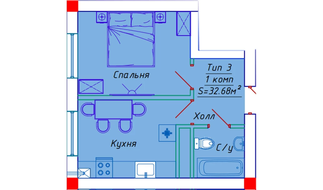 1-xonali xonadon 32.68 m²  7/7 qavat