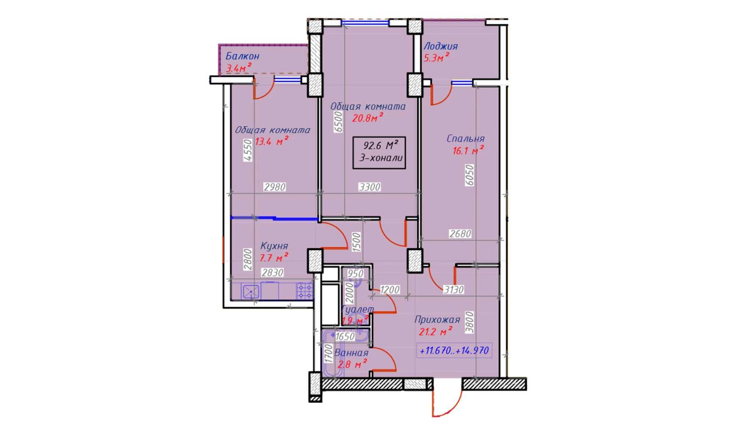 3-xonali xonadon 92.6 m²  15/15 qavat