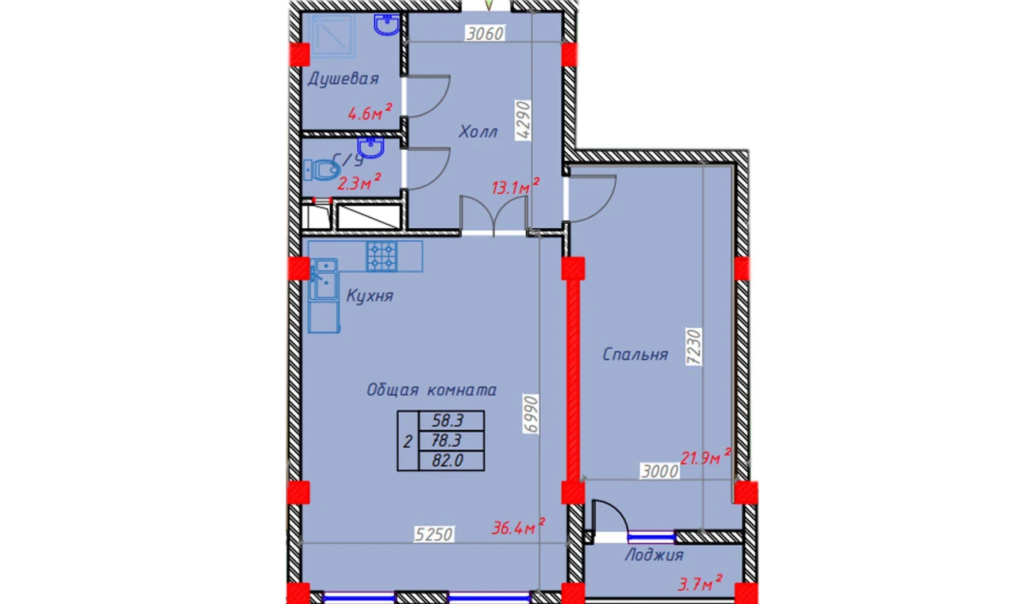 2-комнатная квартира 82 м²  9/9 этаж