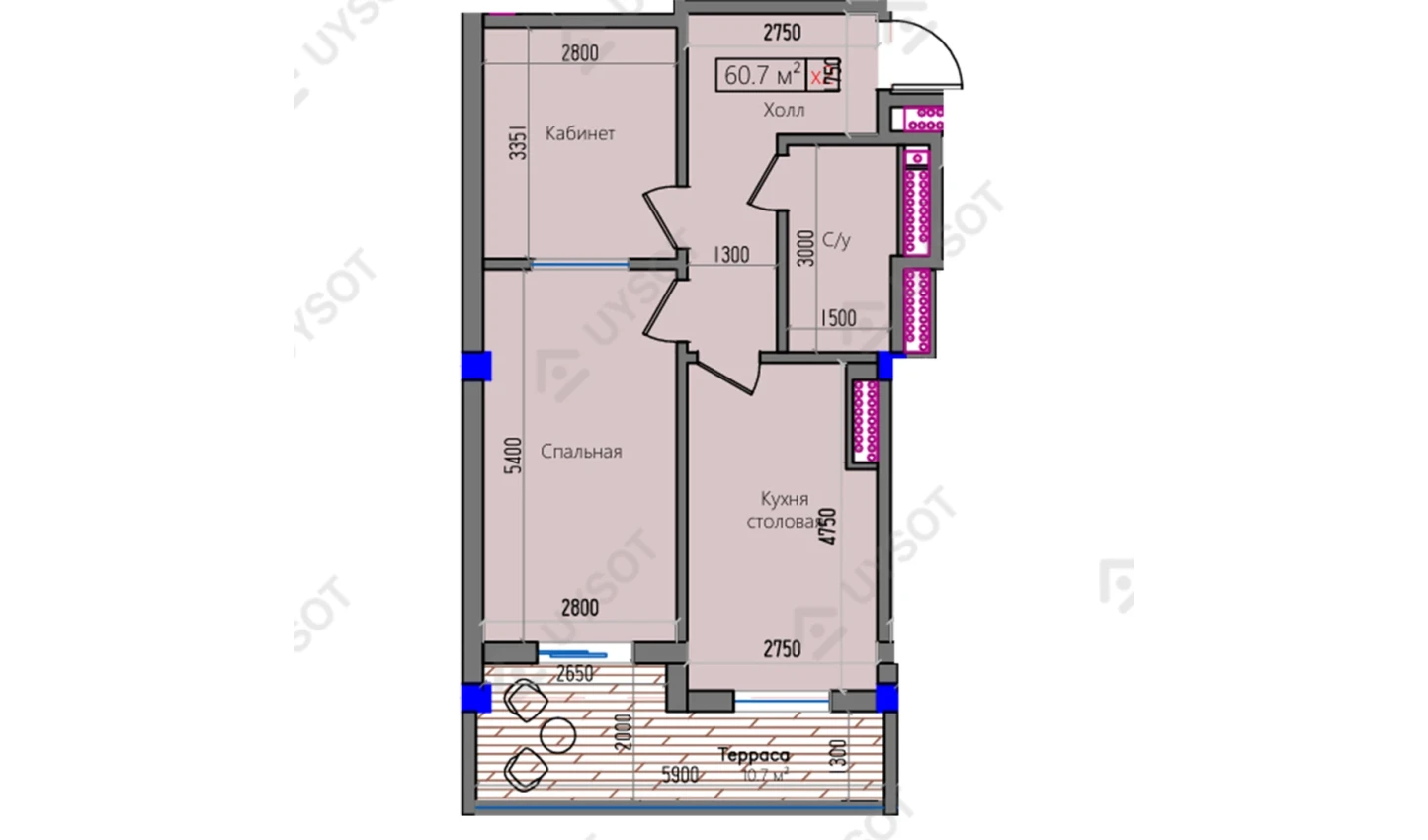 2-комнатная квартира 60.7 м²  12/12 этаж