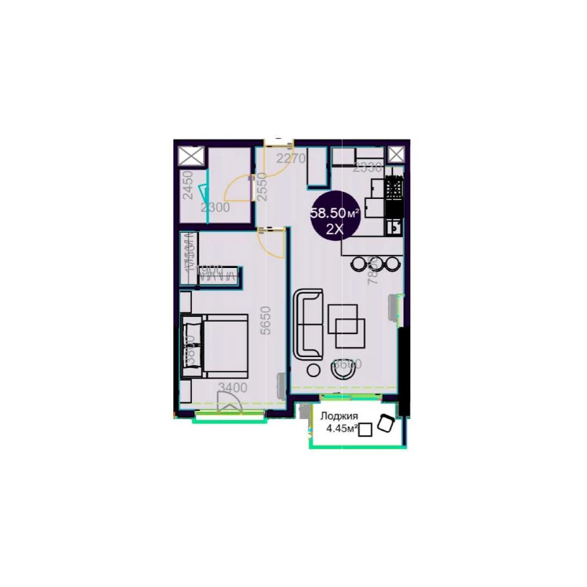 2-комнатная квартира 58.5 м²  14/14 этаж