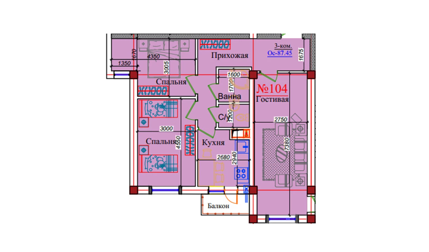 3-xonali xonadon 87.45 m²  4/4 qavat