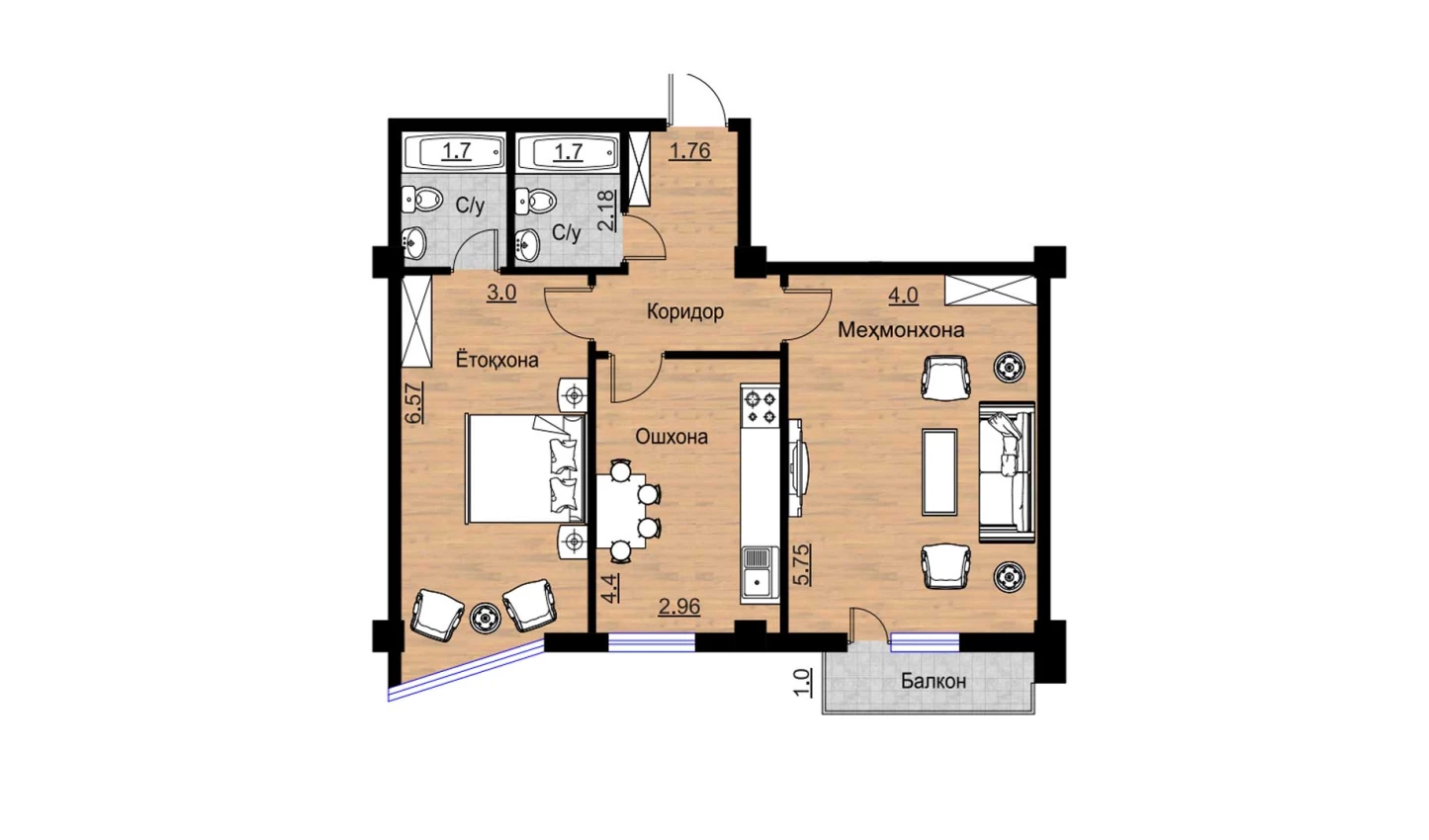 2-комнатная квартира 79.45 м²  10/10 этаж