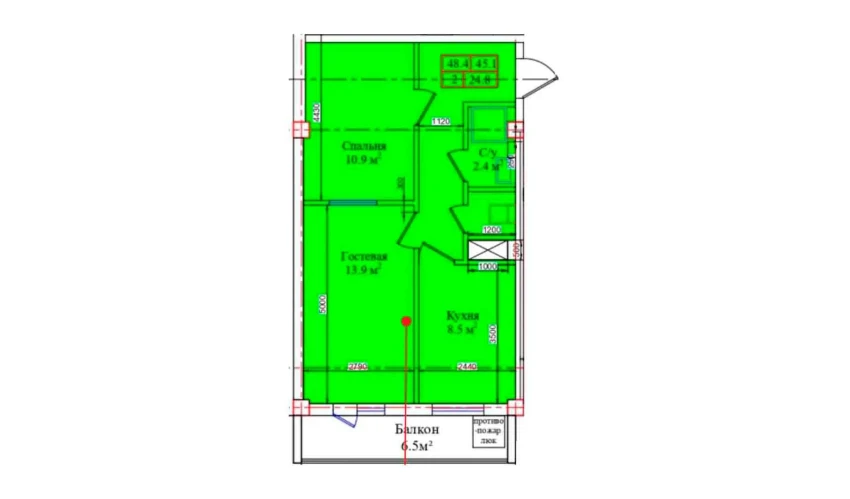 2-комнатная квартира 48.4 м²  4/4 этаж