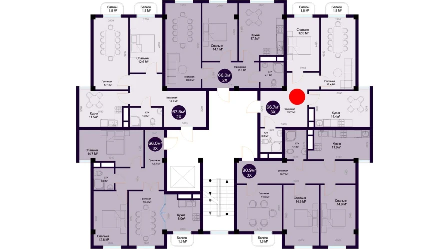 3-комнатная квартира 66.7 м²  1/1 этаж