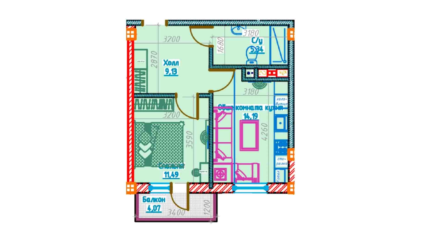 2-комнатная квартира 40.17 м²  3/3 этаж