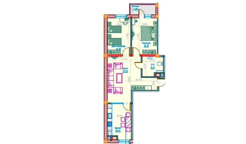 3-комнатная квартира 76.62 м²  8/13 этаж | Жилой комплекс Al-Qasr