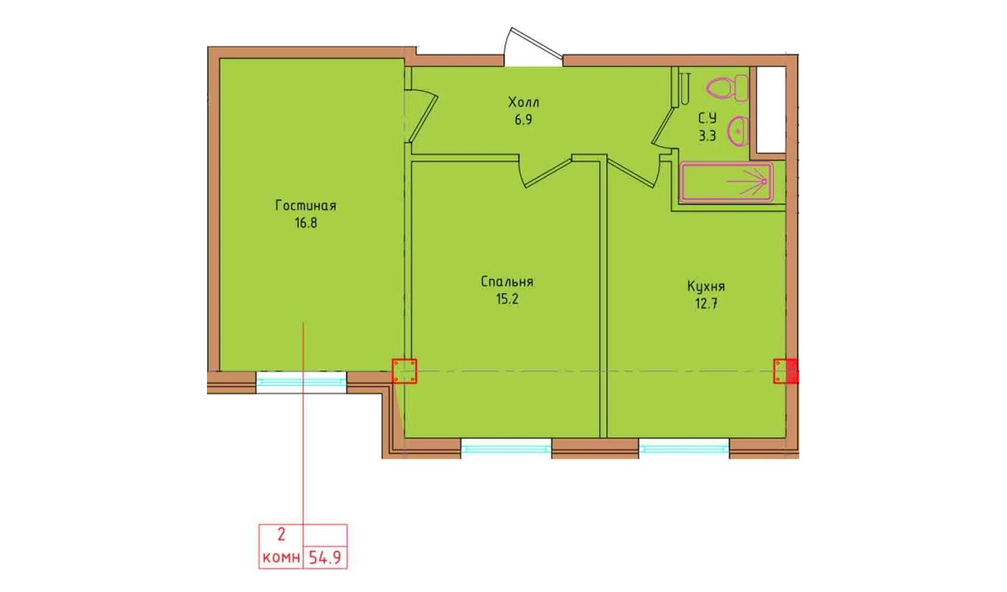 2-комнатная квартира 54.9 м²  1/1 этаж