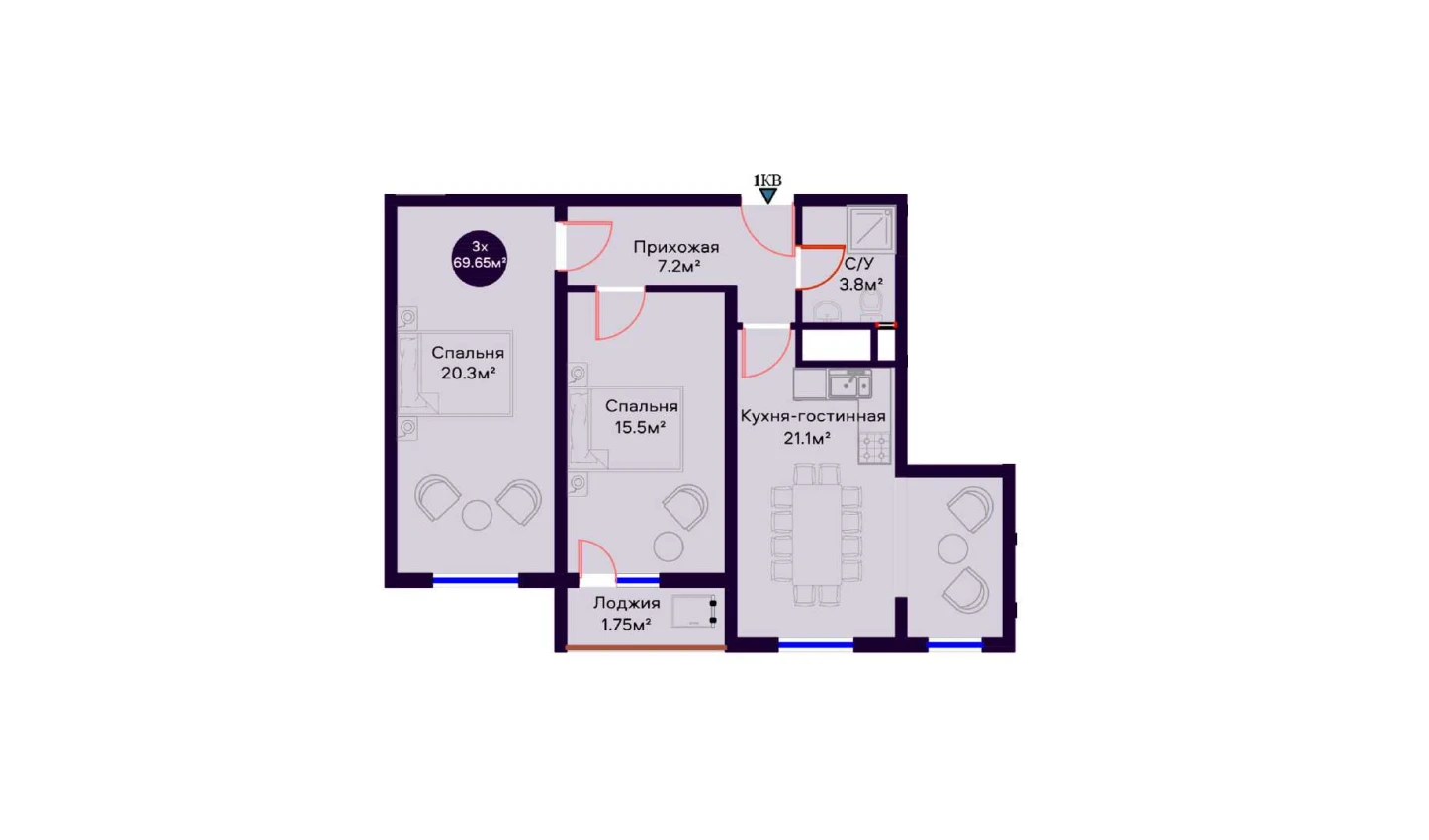 3-комнатная квартира 69.65 м²  15/15 этаж