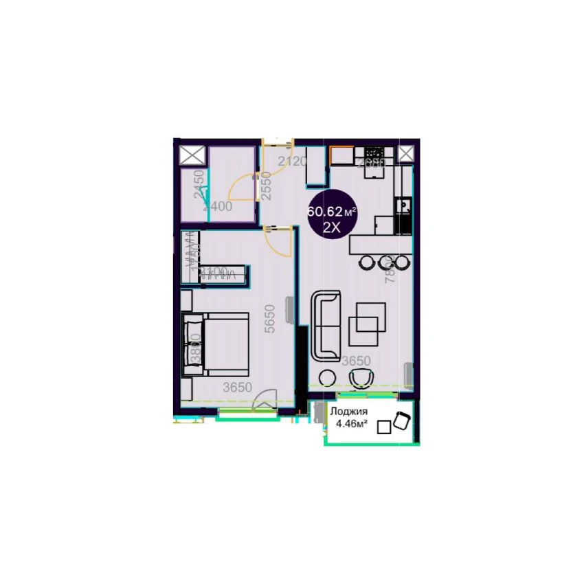 2-комнатная квартира 60.62 м²  7/7 этаж