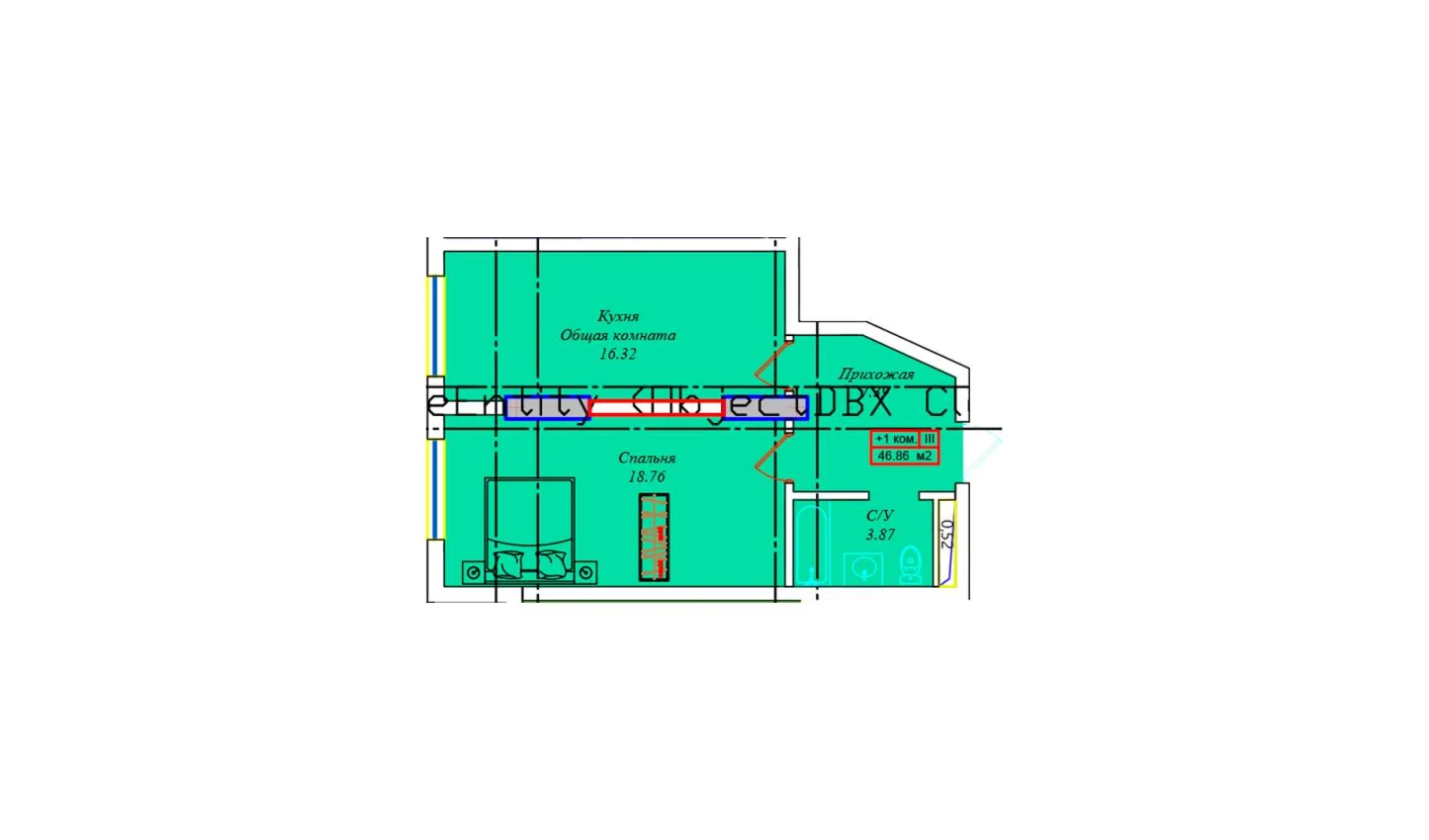 1-комнатная квартира 45.95 м²  3/3 этаж