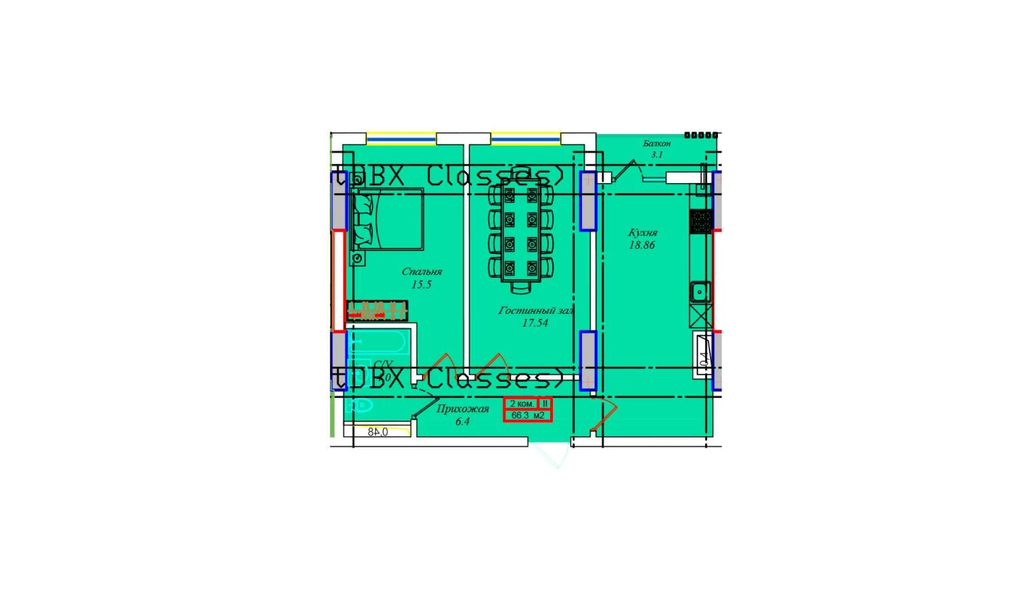 2-xonali xonadon 65.38 m²  4/4 qavat