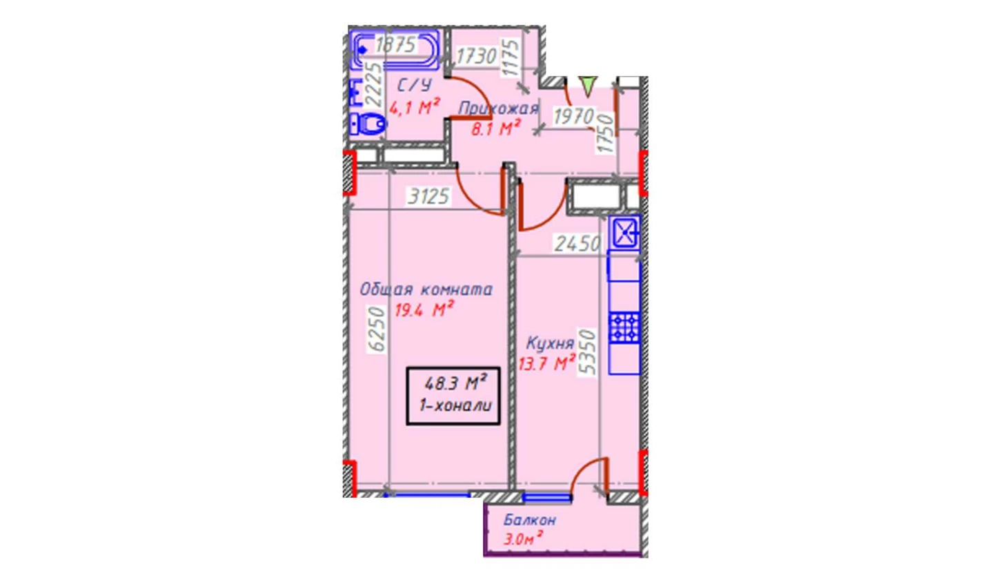 1-xonali xonadon 48.3 m²  6/6 qavat