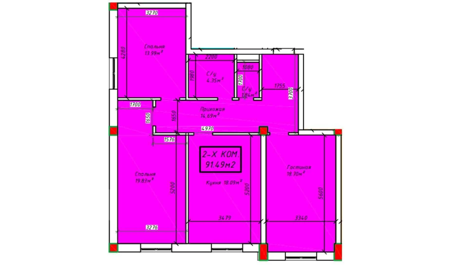 3-xonali xonadon 91.49 m²  4/4 qavat