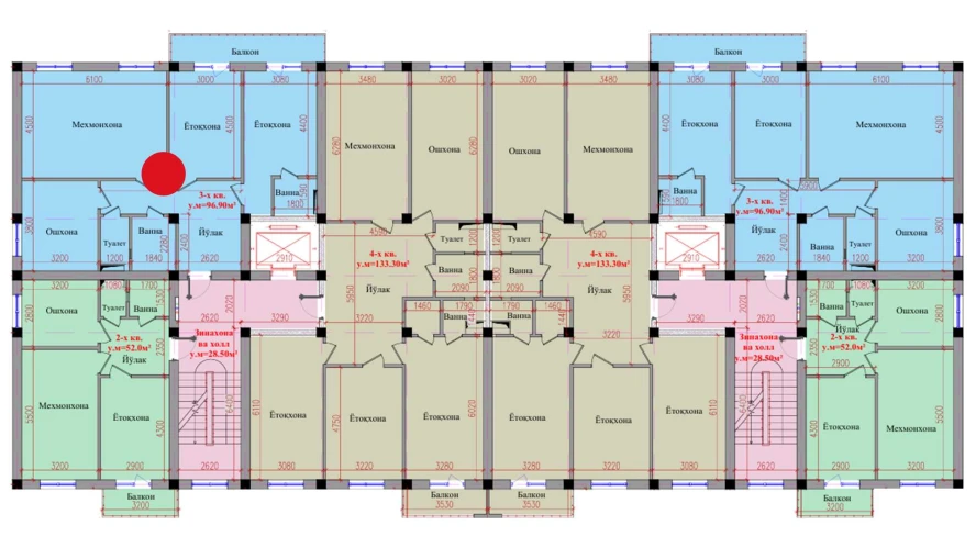 3-xonali xonadon 96.9 m²  6/6 qavat