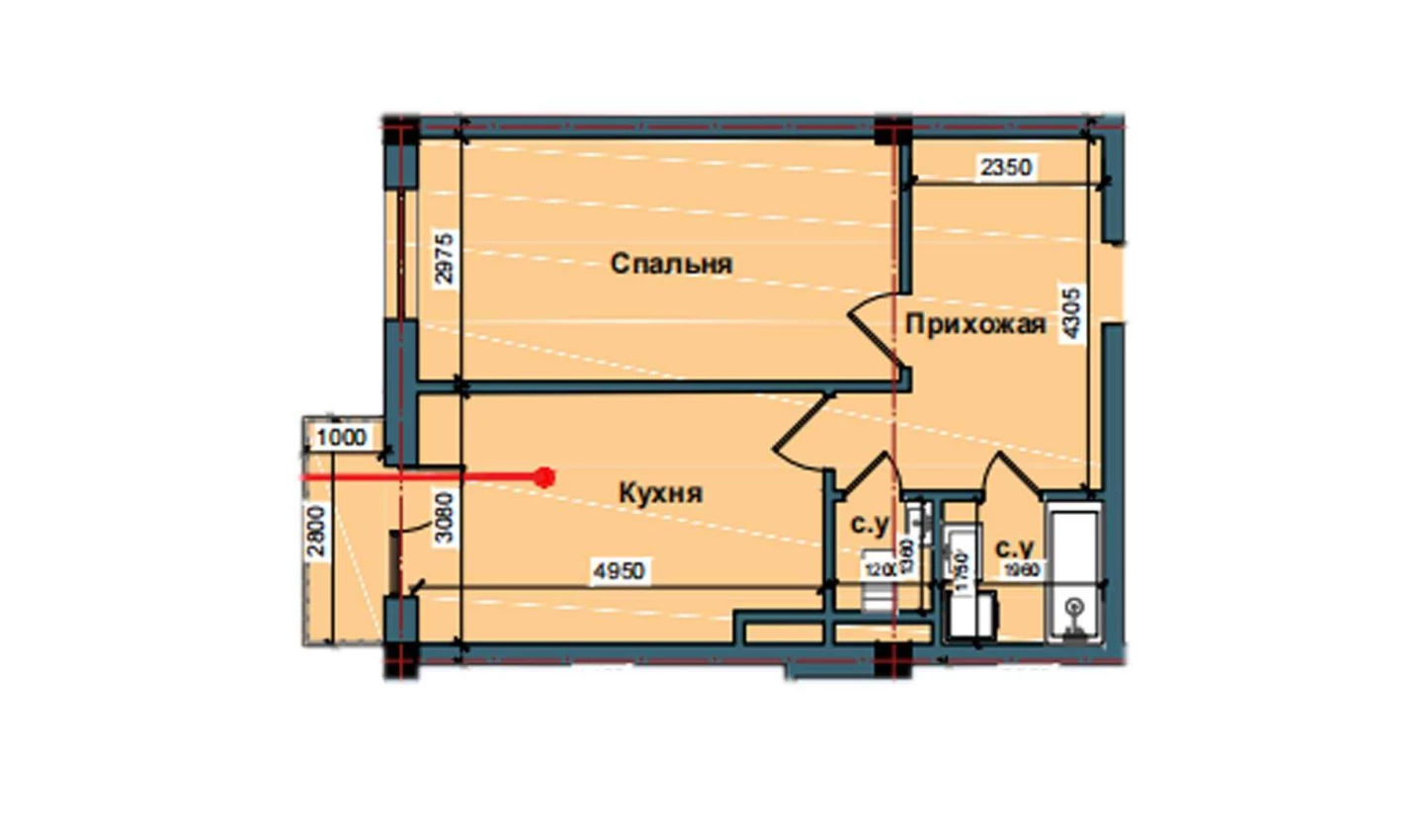 1-комнатная квартира 54.3 м²  5/5 этаж