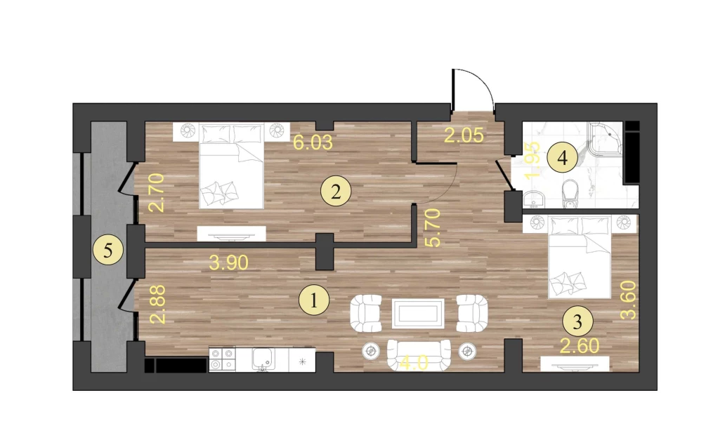 2-xonali xonadon 64.1 m²  2/2 qavat