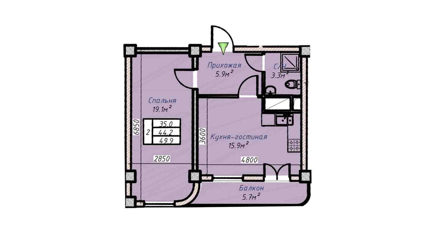 2-комнатная квартира 49.9 м²  6/6 этаж