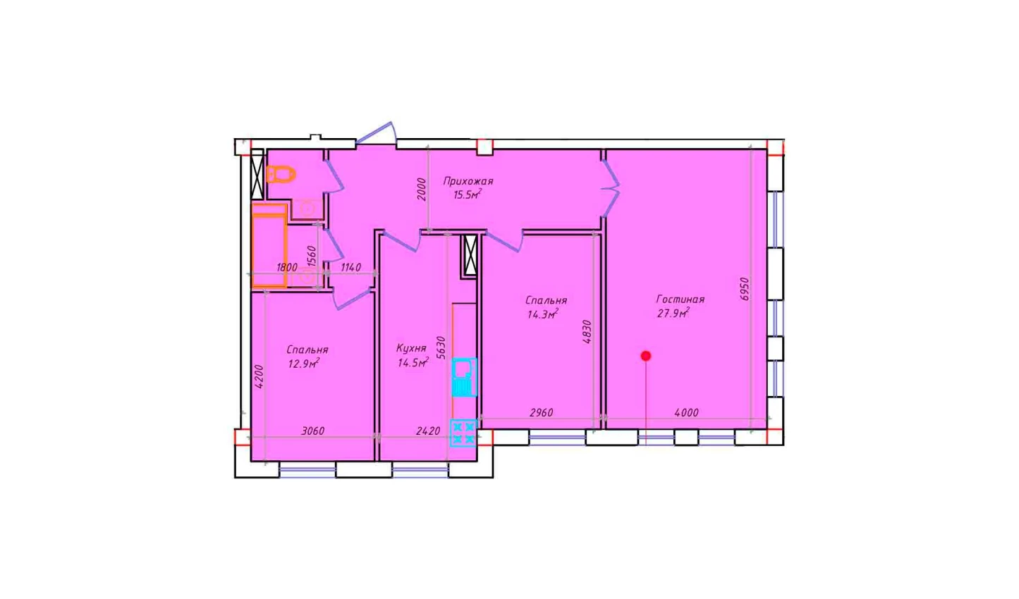 3-комнатная квартира 92.9 м²  4/4 этаж