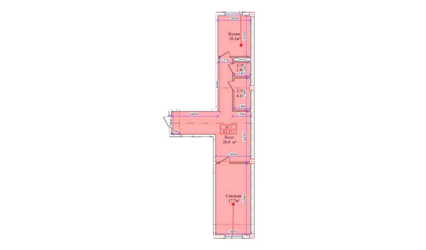 2-комнатная квартира 63.7 м²  1/1 этаж