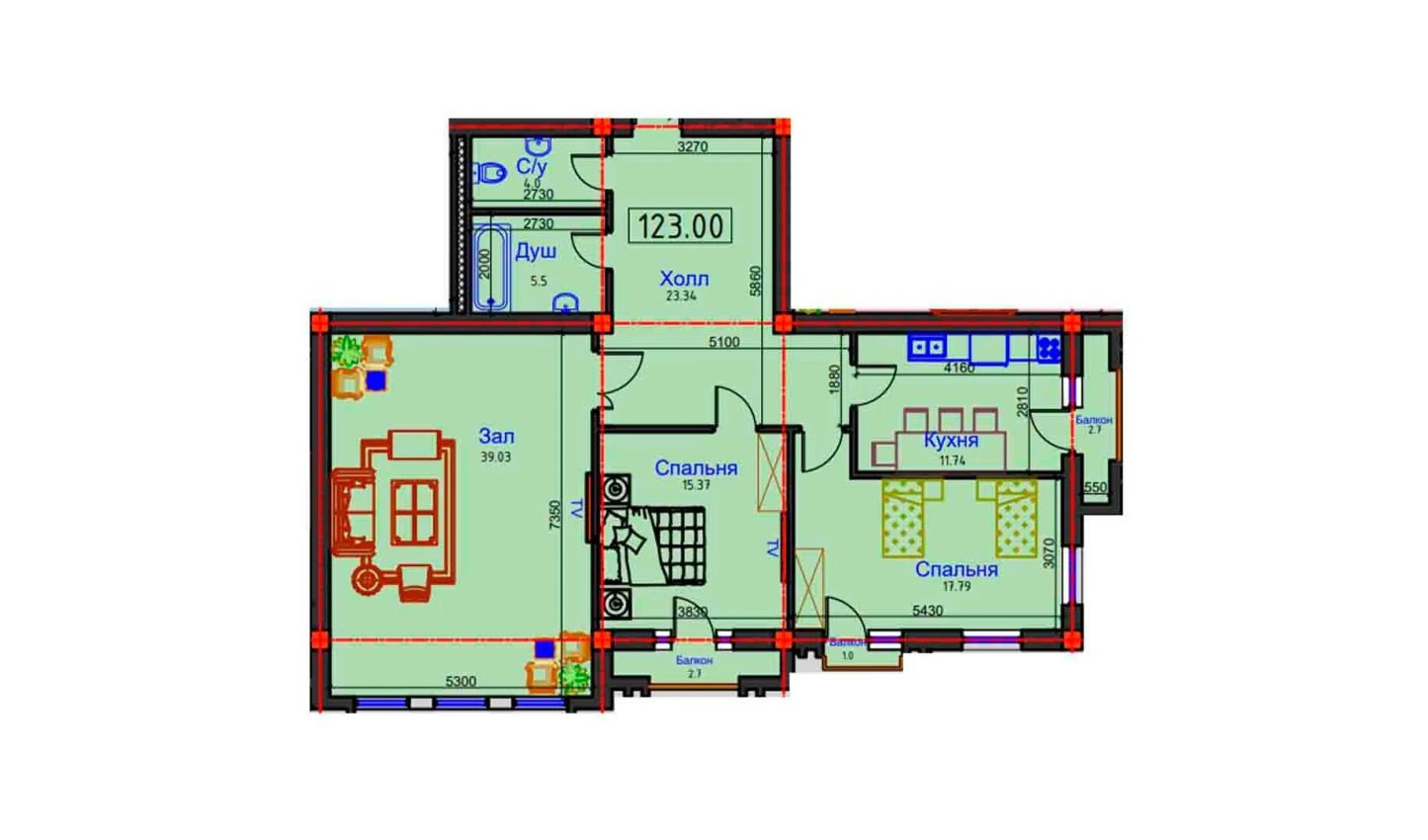 3-комнатная квартира 123 м²  5/5 этаж