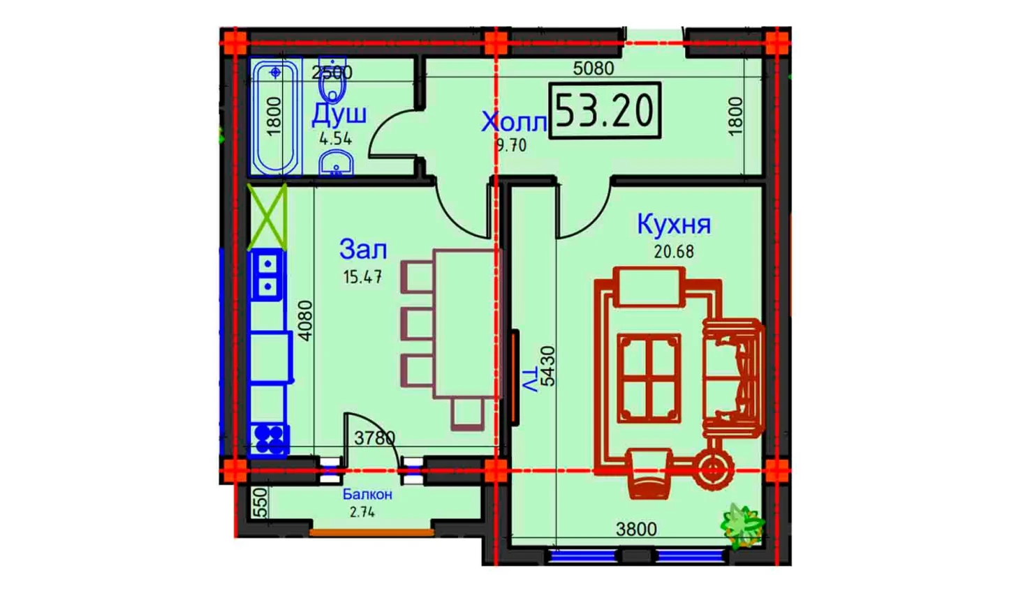 1-xonali xonadon 53.2 m²  5/5 qavat