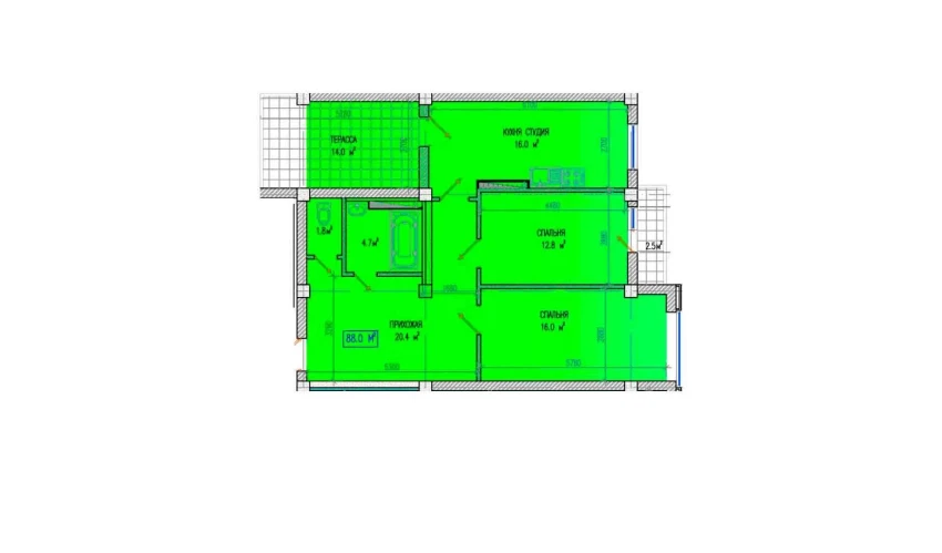 3-комнатная квартира 88 м²  4/4 этаж