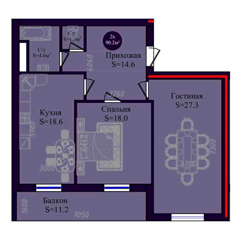 2-комнатная квартира 90.2 м²  8/8 этаж