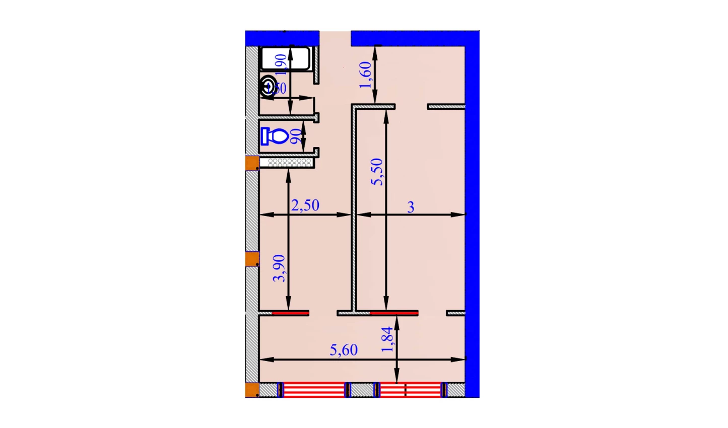 1-комнатная квартира 57.4 м²  1/1 этаж