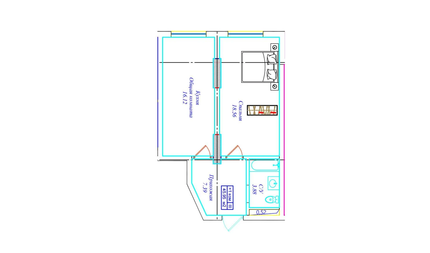 1-xonali xonadon 45.95 m²  5/5 qavat