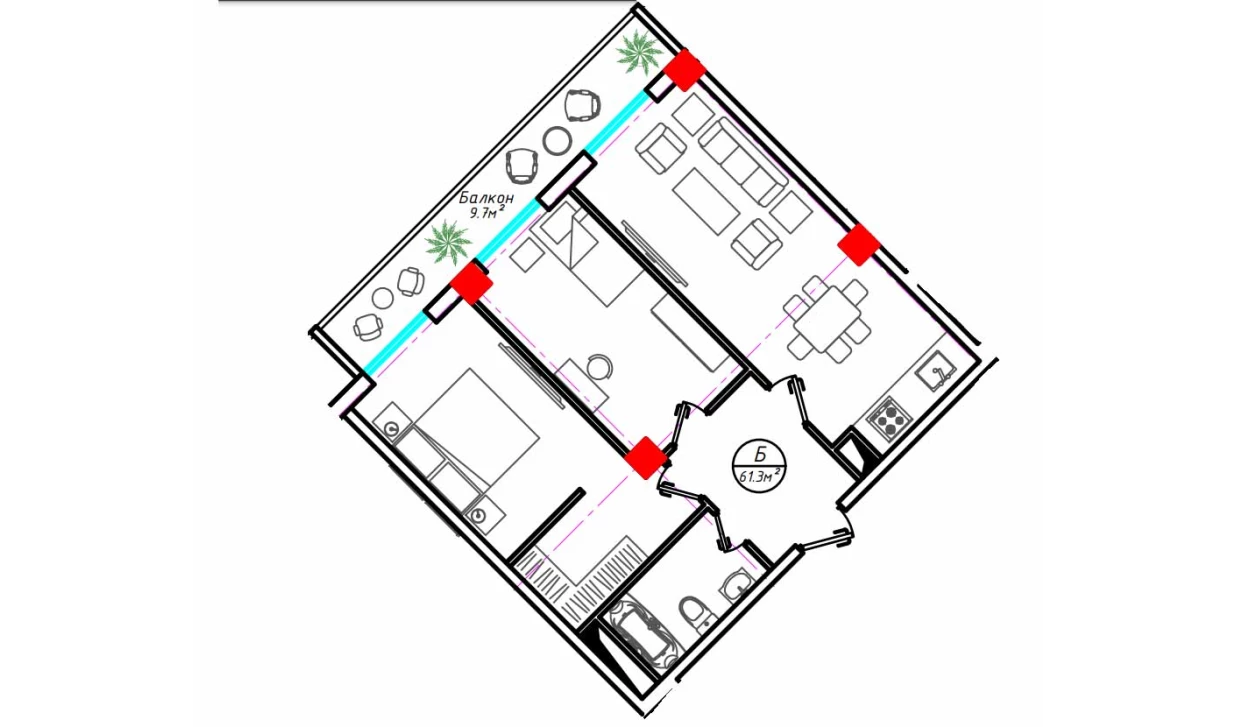 2-комнатная квартира 61.3 м²  21/21 этаж